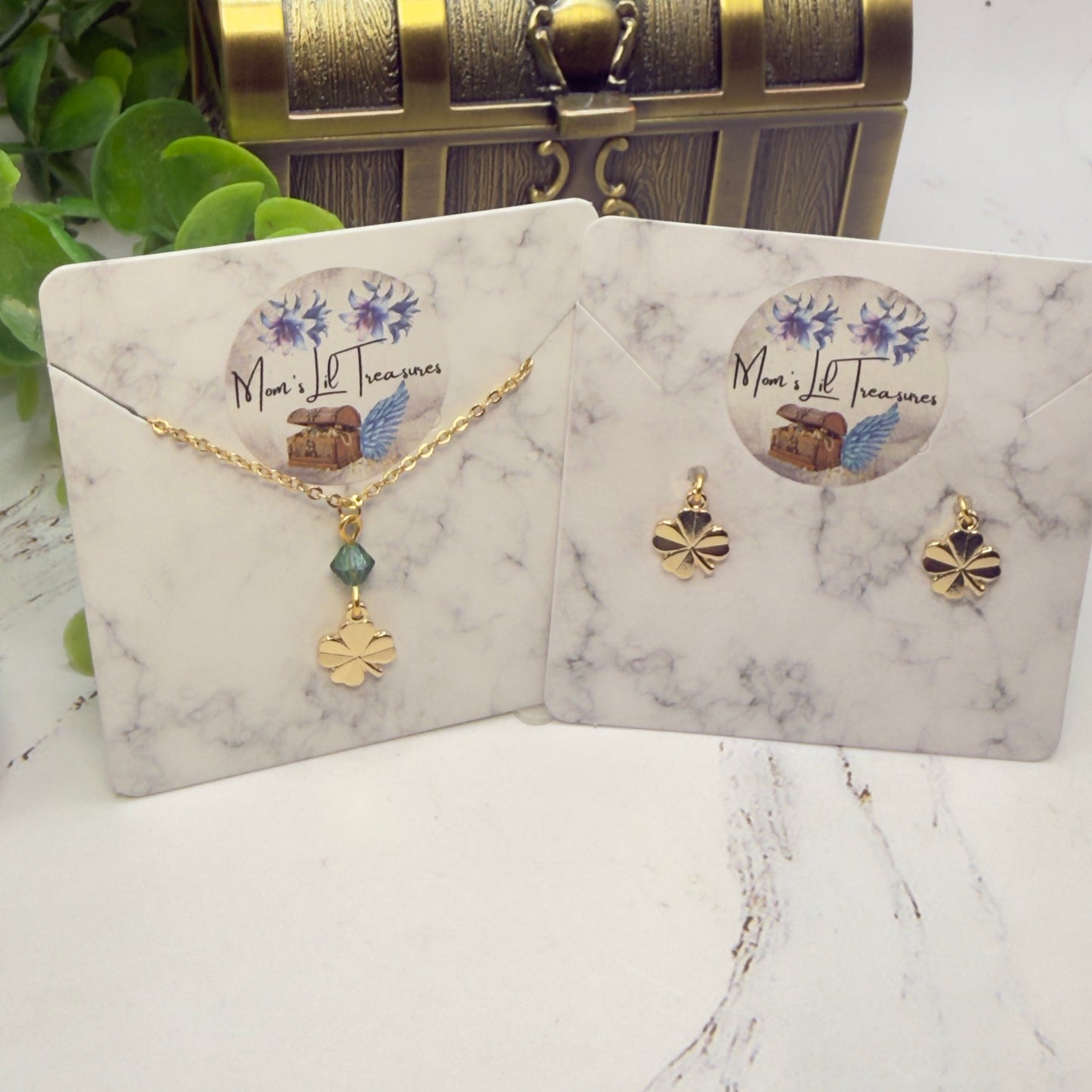Clover Charm Green Crystal Pendant Gold Chain Doll Necklace • 16 Inch Fashion Doll Jewelry