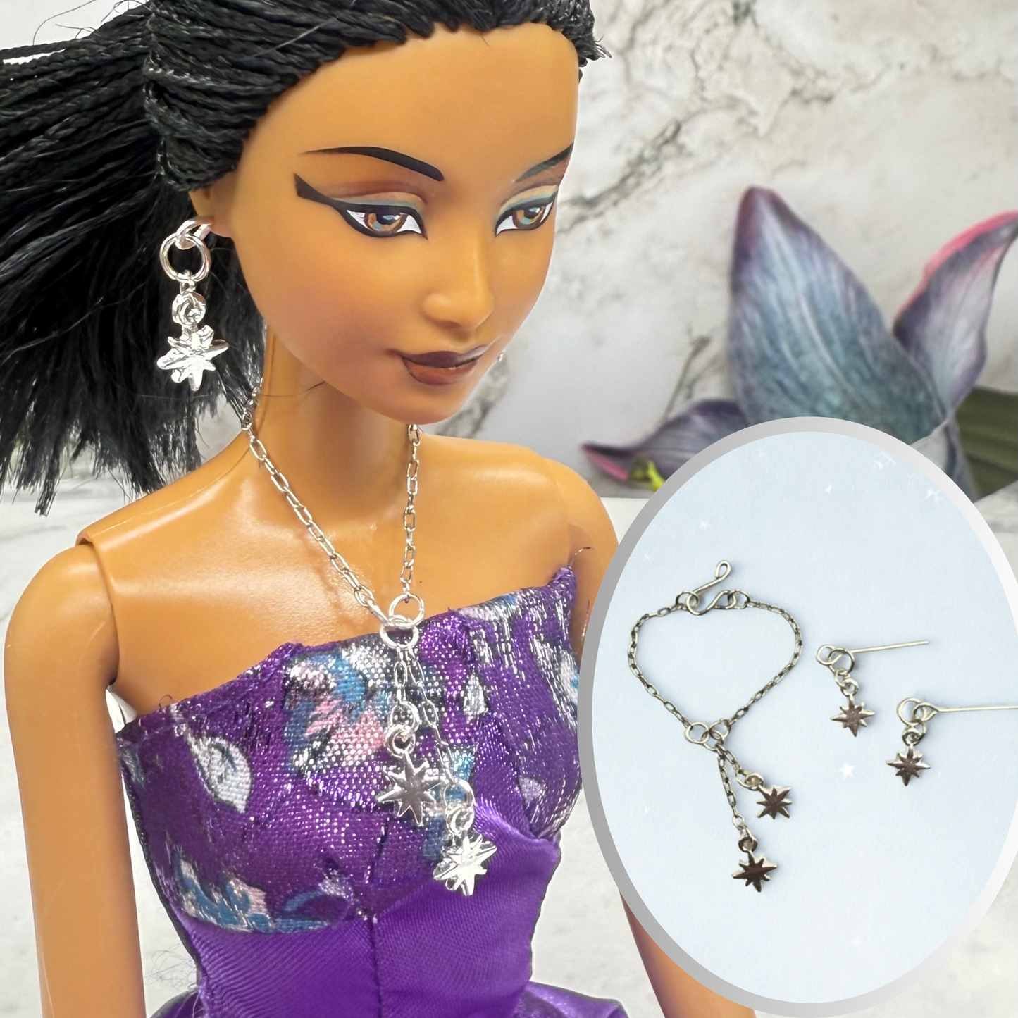 Silver Star Dangle Necklace & Earrings Set • 10-12 Inch Fashion Doll Jewelry 1:6