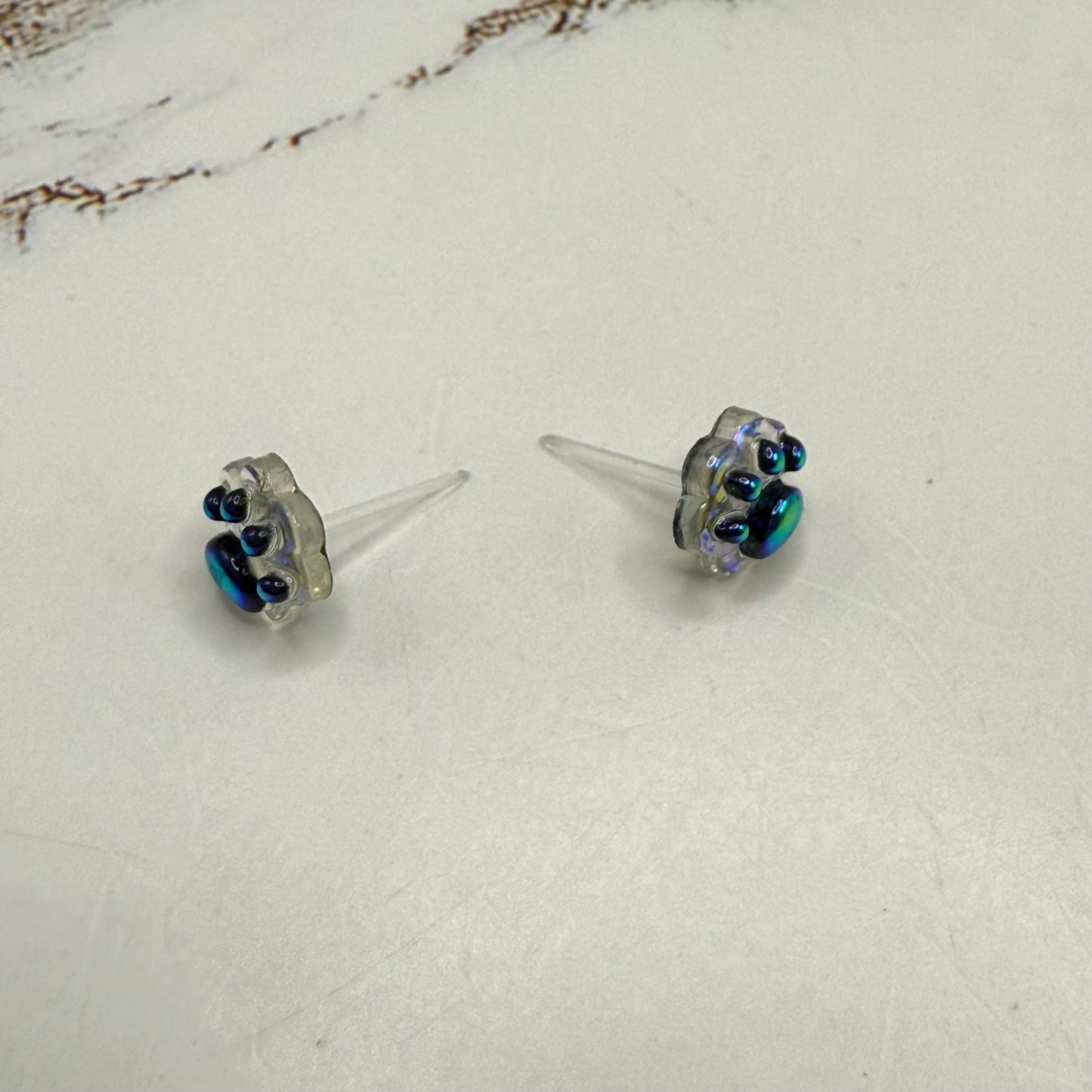 Dark Blue Iridescent Acrylic Paw Print Doll Earrings • 18 Inch Fashion Doll Jewelry