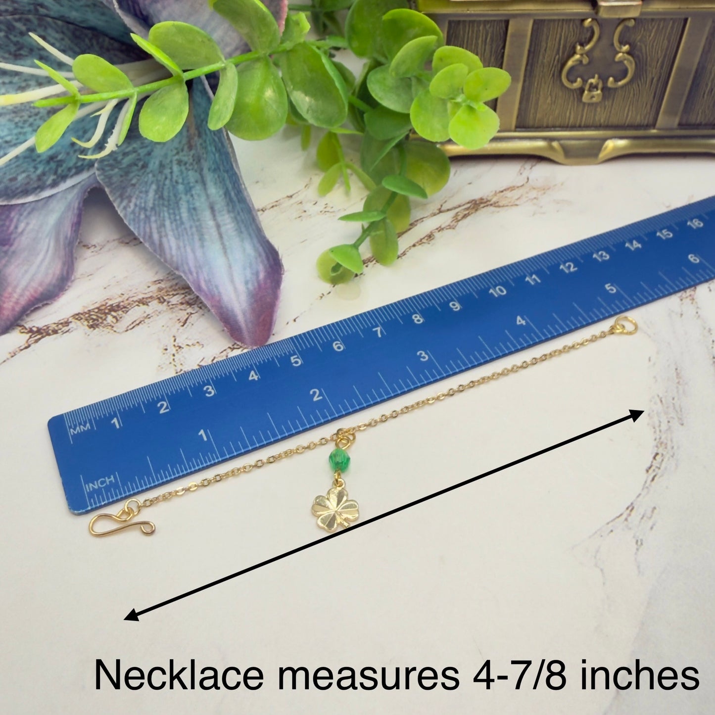 Gold Clover Charm Green Crystal Accent Doll Necklace • 14 Inch Fashion Doll Jewelry