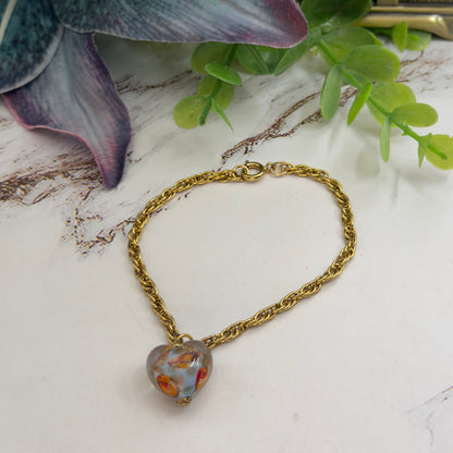 Orange Blue White Swirl Glass Heart Pendant Gold Chain Doll Necklace • 18 Inch Fashion Doll Jewelry