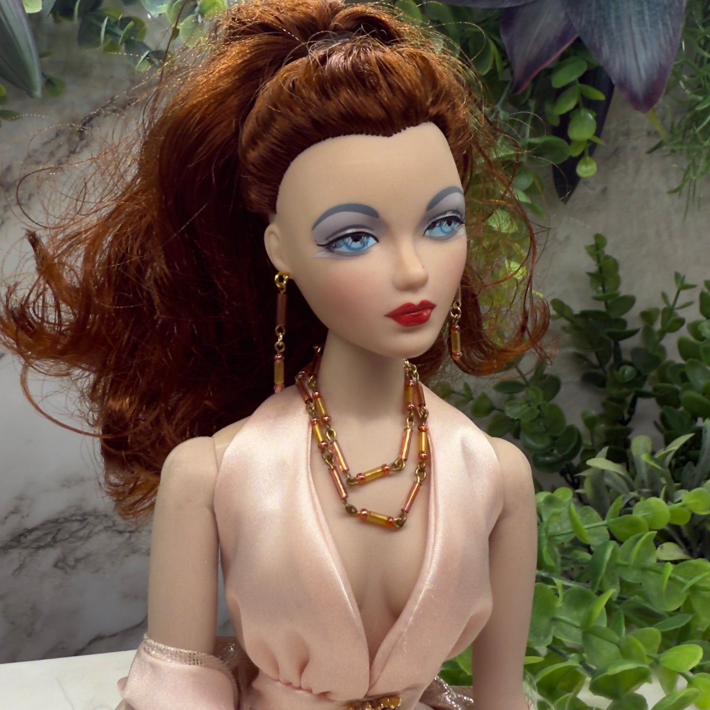 Pink Orange Glass Doll Necklace Earrings Set • 16” Fashion Doll Jewelry