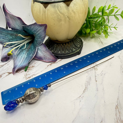 Cobalt Blue Lucite Spiral Finial Ornate Silver Tone Globe Bead Hatpin • 8 Inch