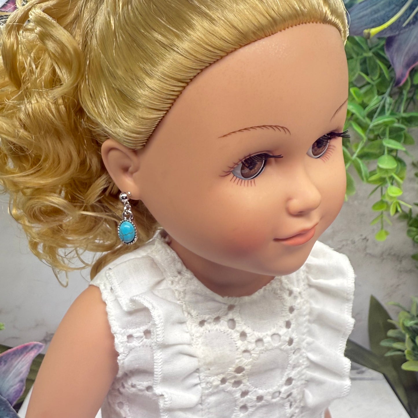 Oval Turquoise Dangle Silver Post Doll Earrings • 18 Inch Fashion Doll Jewelry