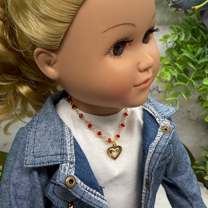 Red Crystal Beaded Link Chain Gold Heart Charm Doll Necklace • 18 Inch Fashion Doll Jewelry