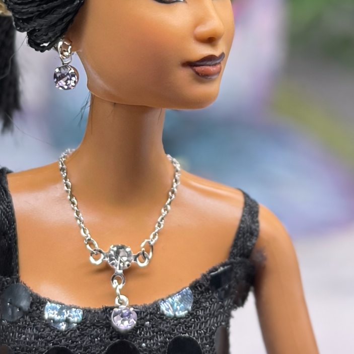 Misty Purple & Clear Rhinestone Y-Style Silver  Doll Necklace & Earrings for 10-12 Inch Fashion Doll1