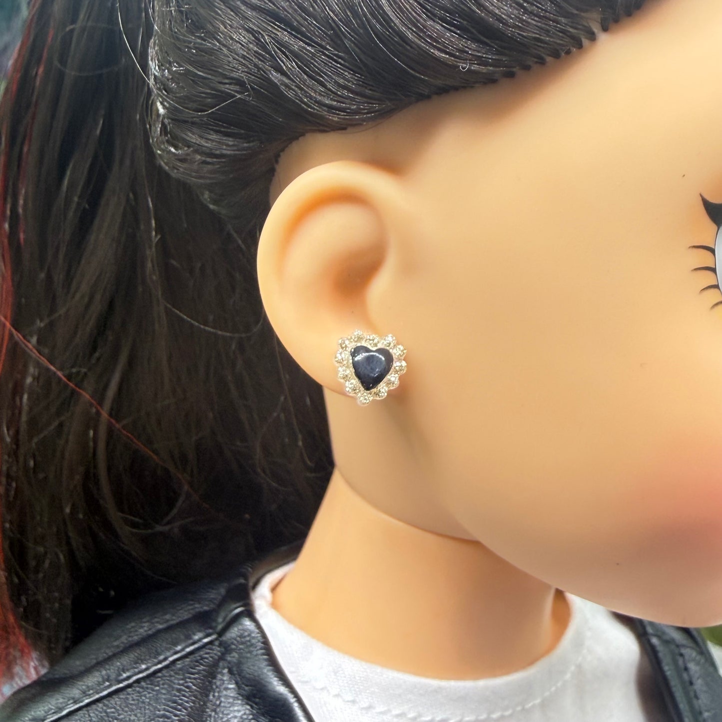 Black Center Glittery Ruffled Heart Post Doll Earrings • 18 Inch Fashion Doll Jewelry
