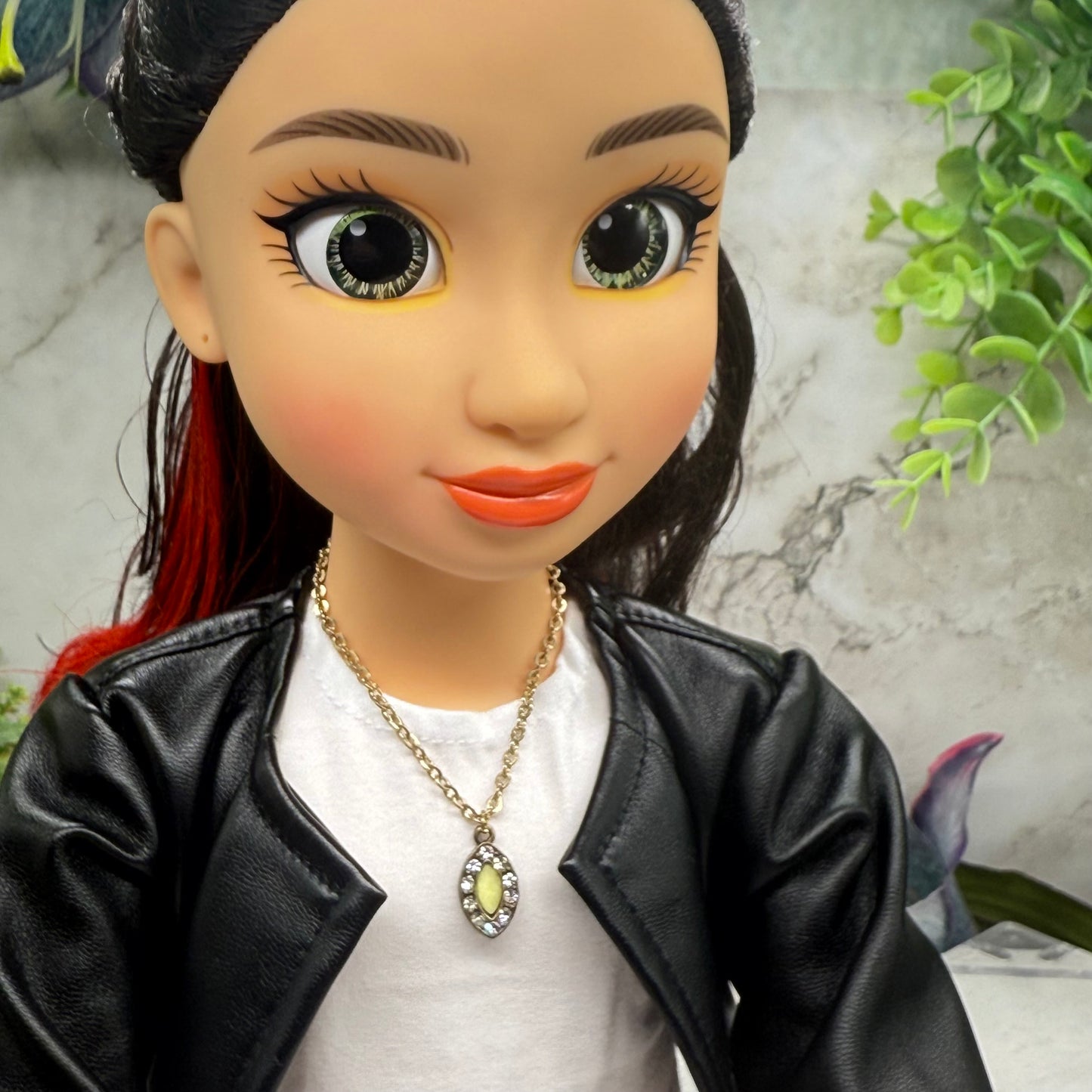 Oval Light Green Clear Rhinestone Pendant Gold Doll Necklace • 18 Inch Fashion Doll Jewelry