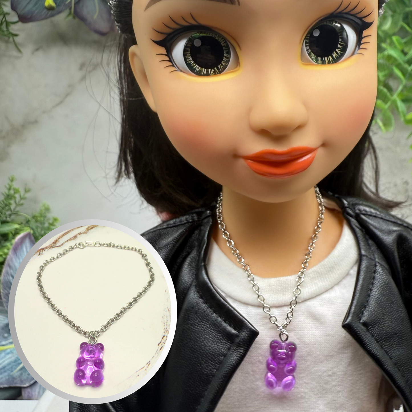 Translucent Purple Gummy Teddy Bear Charm Doll Necklace • 18 Inch Fashion Doll Jewelry