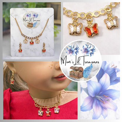 Red & Clear Butterfly Crystal Charms Gold Chain Doll Necklace and Earrings • 18 Inch Fashion Doll Jewelry