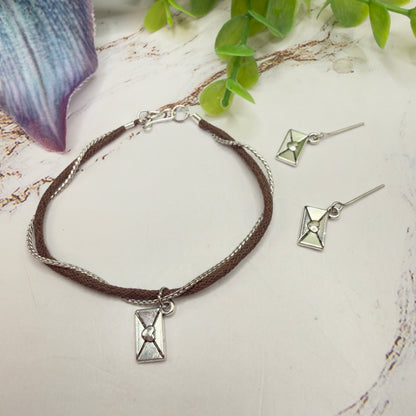 Brown Cord Silver Chain Love Letter Envelope Charm Doll Necklace & Earrings • 18 Inch Fashion Doll Jewelry