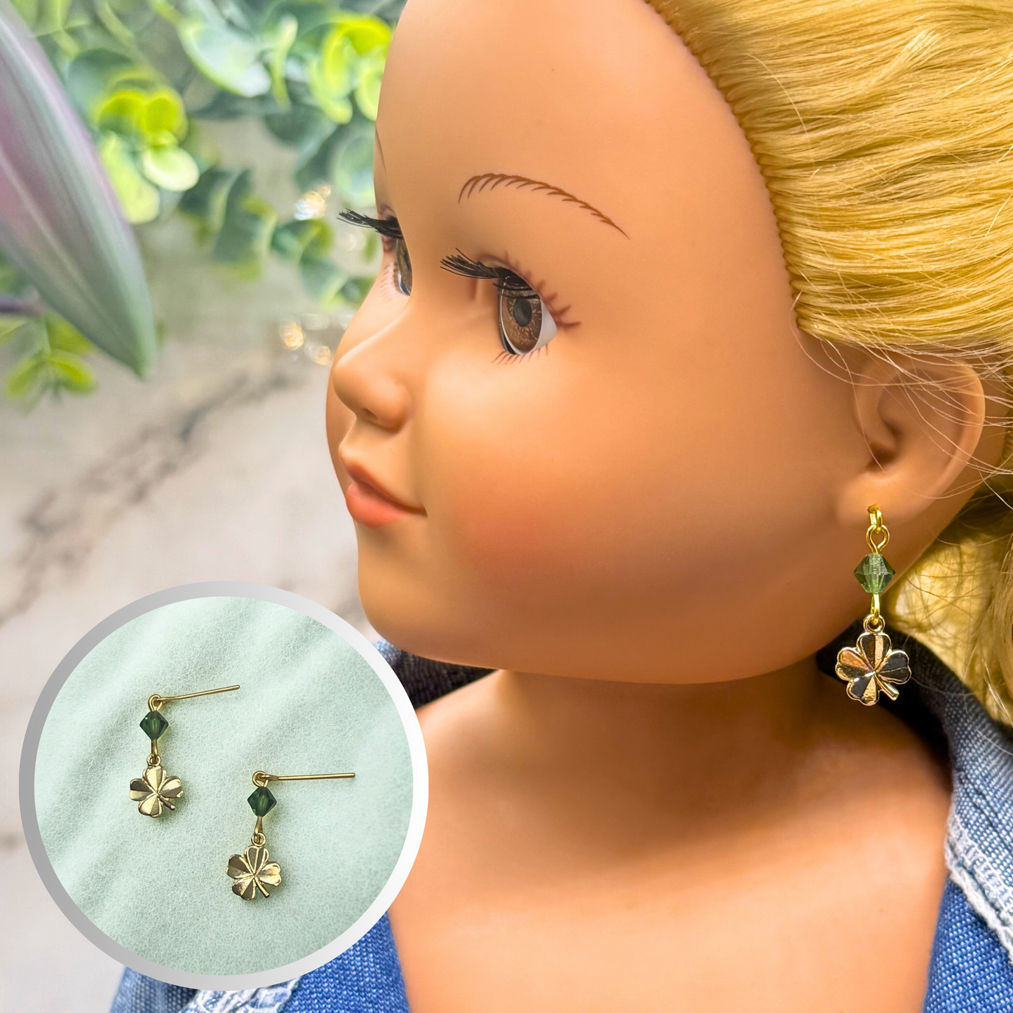 Gold Four-Leaf Clover Green Crystal Dangle Doll Earrings • 18 Inch Fashion Doll Jewelry