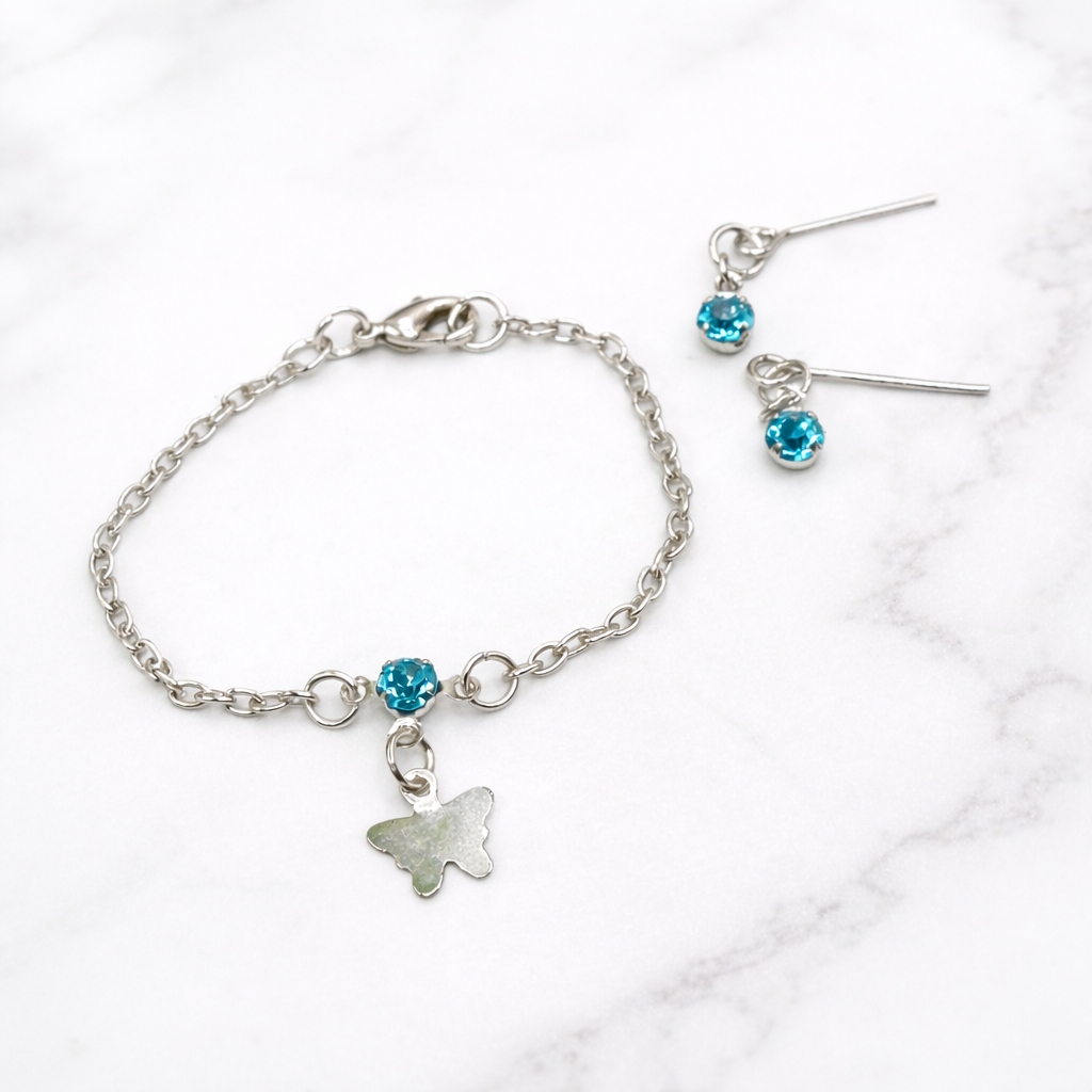 Teal Blue Rhinestone Silver Butterfly Charm Doll Necklace & Earrings Set for 14 Inch Fashion Dolls