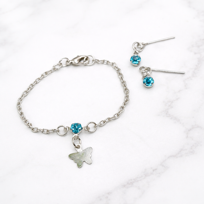 Teal Blue Rhinestone Silver Butterfly Charm Doll Necklace & Earrings Set for 14 Inch Fashion Dolls