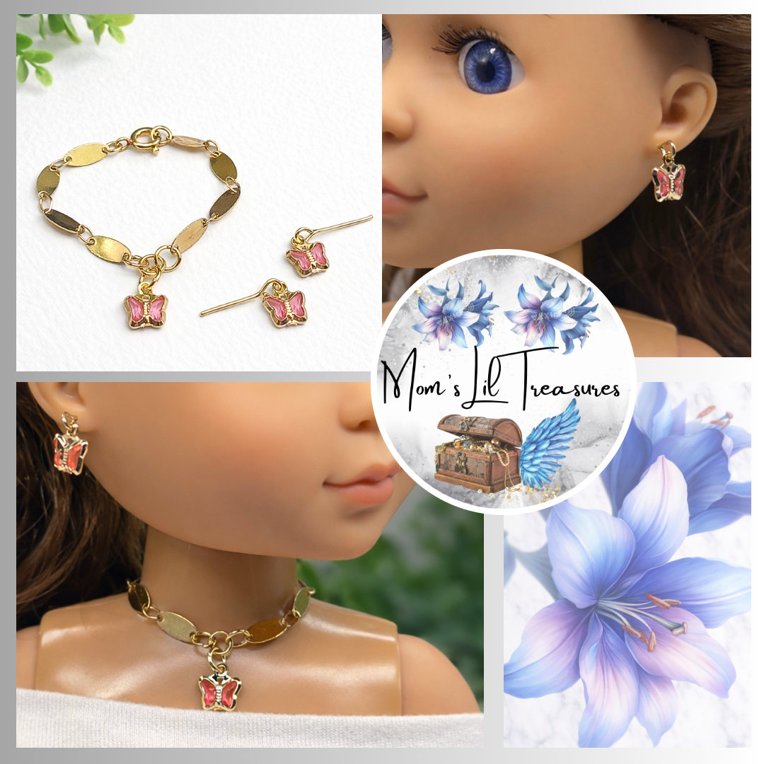 Pink Crystal Butterfly Charm Gold Oval Link Doll Necklace & Earrings • 14 Inch Fashion Doll Jewelry