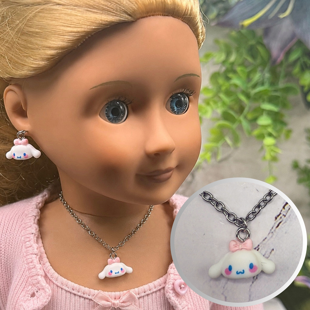 Cinnamoroll Sanrio White Puppy Charm Doll Necklace & Earrings • 18 Inch Fashion Doll Jewelry