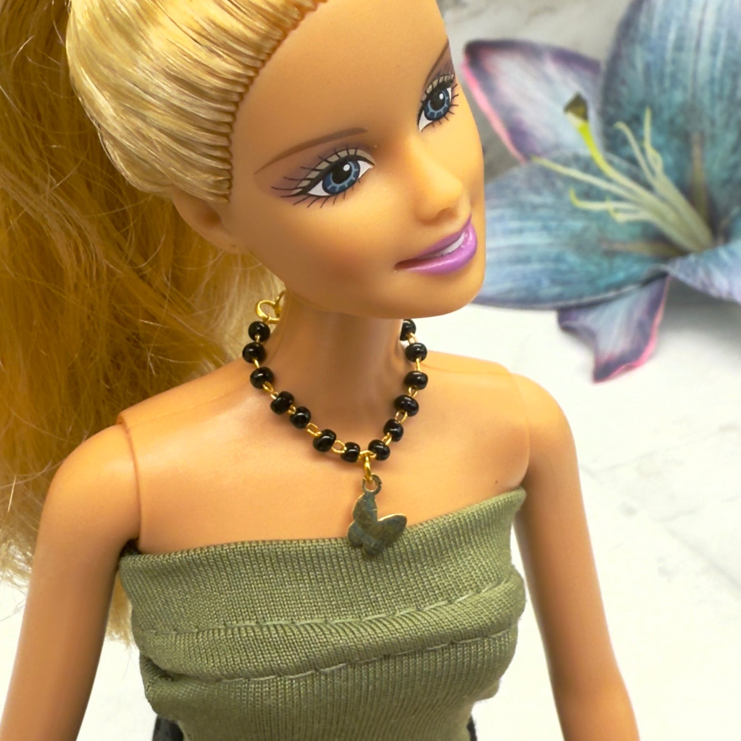Black Beaded Gold Chain Butterfly Charm Doll Necklace • 10-12” 1:6 Fashion Doll Jewelry
