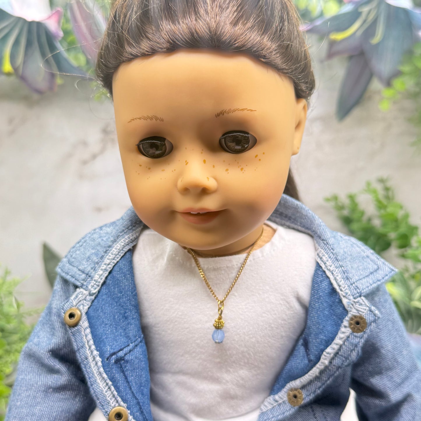 Light Blue Glass Drop Charm Gold Chain Doll Necklace • 18 Inch Fashion Doll Jewelry