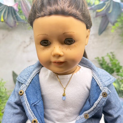 Light Blue Glass Drop Charm Gold Chain Doll Necklace • 18 Inch Fashion Doll Jewelry