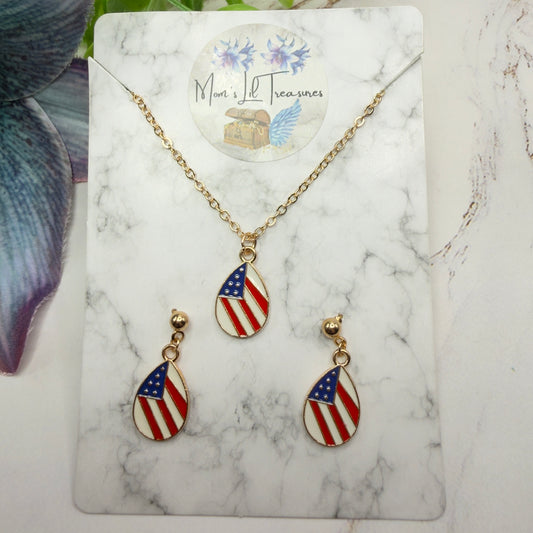 Red White Blue Teardrop Flag Patriotic Gold Doll Necklace & Earrings Set for 18 Inch Fashion Doll