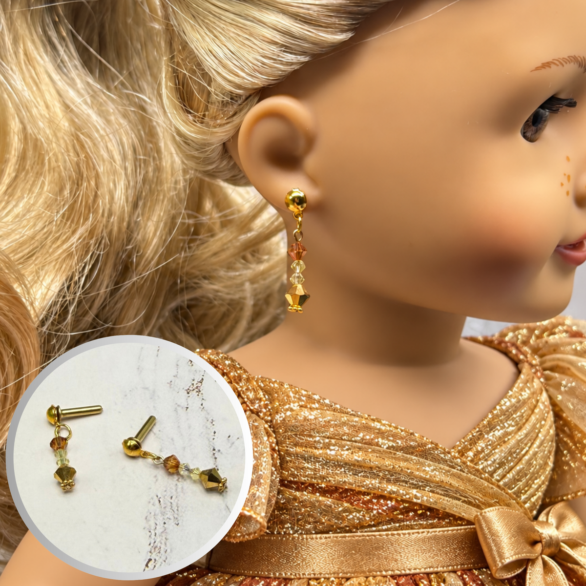 Amber Golden Clear Crystal Dangle 2mm Post Doll Earrings • fits 18 Inch Fashion Doll • American Girl