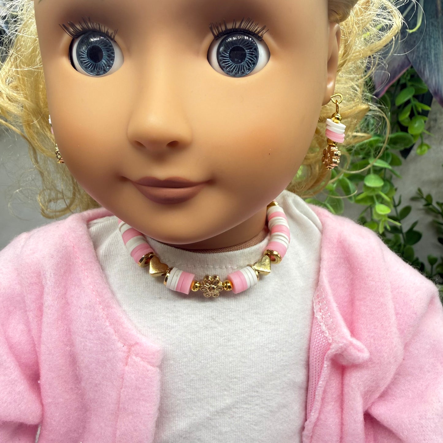 Pink White Disk Beaded Gold Flower Heart Doll Necklace & Earrings • 18 Inch Fashion Doll Jewelry