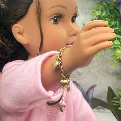 Gold Heart Dangle Charm Doll Bracelet • 18 Inch Fashion Doll Jewelry