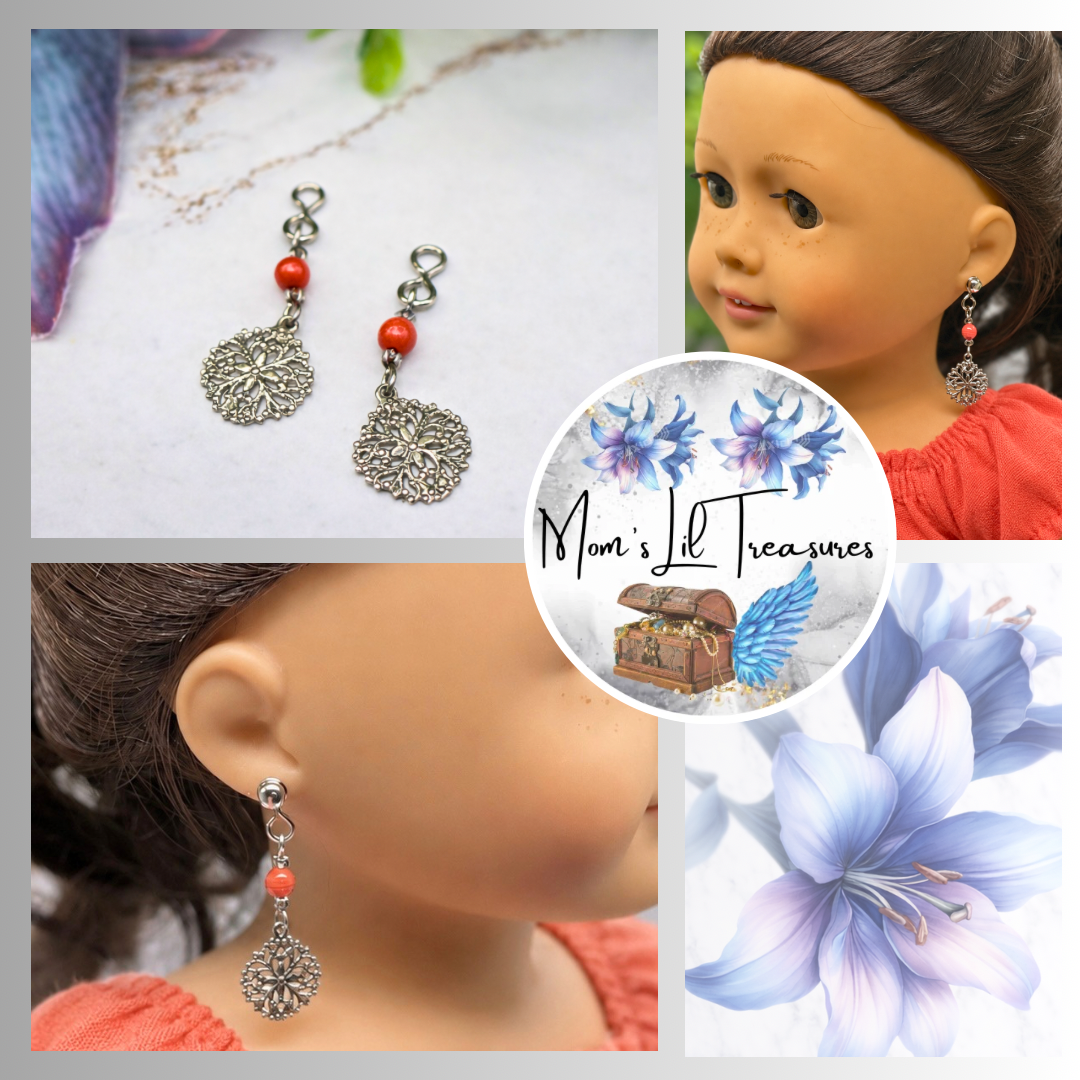 Dark Orange Bead with Silver Filigree Dangle Doll Earring DANGLE ONLY fits 2mm post for 18 Inch Fashion Dolls