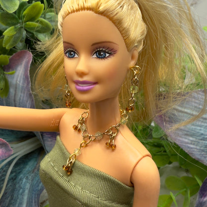 Green Brown Glass Dangle Doll Necklace Earrings Bracelet Set • 10-12” 1:6 Fashion Doll Jewelry