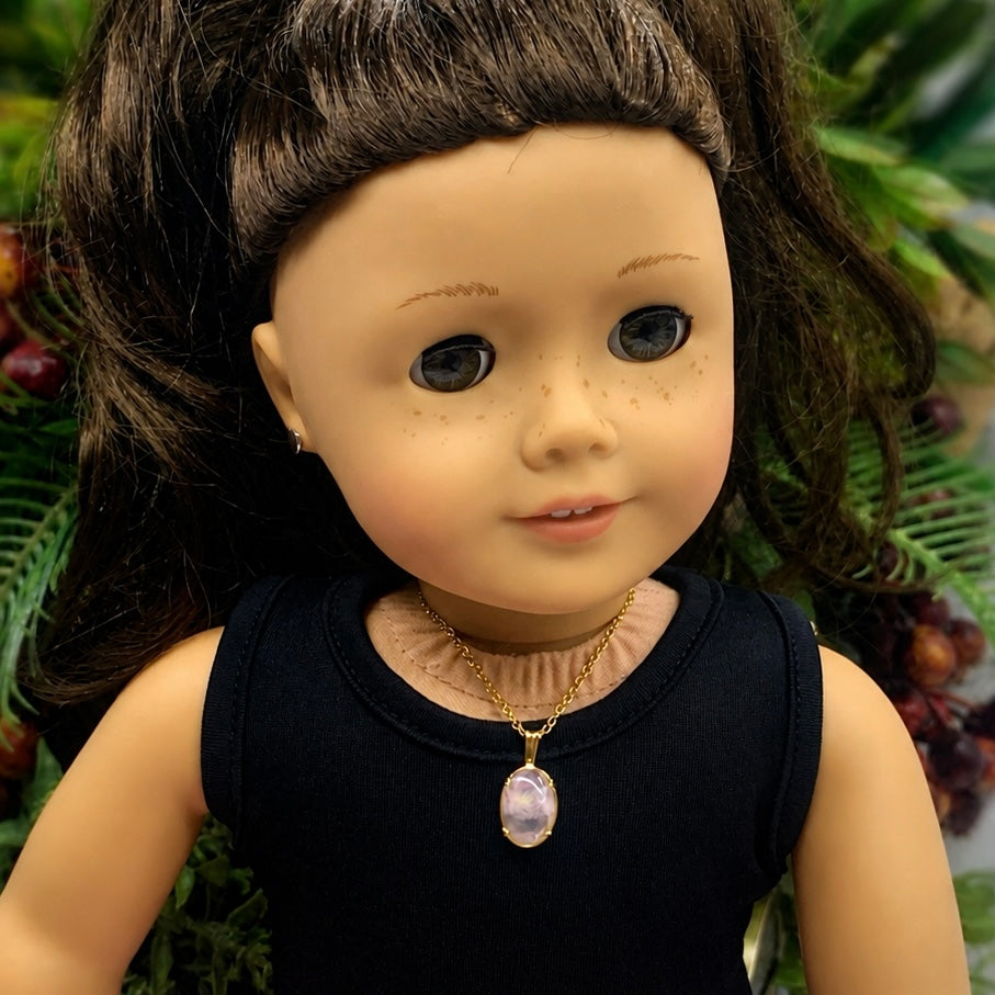 Oval Opal Light Pink Glass Pendant Gold Chain Doll Necklace • 18” Doll Jewelry