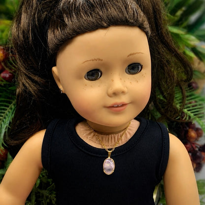 Oval Opal Light Pink Glass Pendant Gold Chain Doll Necklace • 18” Doll Jewelry