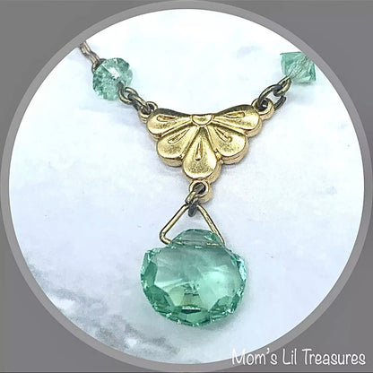 Green Glass Crystal Pendant Gold Doll Necklace • 18 Inch Fashion Doll Jewelry