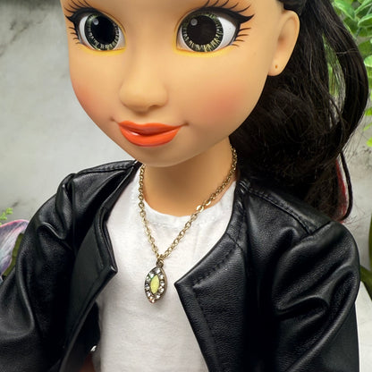 Oval Light Green Clear Rhinestone Pendant Gold Doll Necklace • 18 Inch Fashion Doll Jewelry