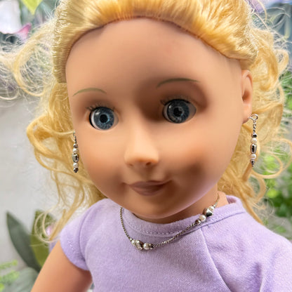 Silver Heart & Pearl Beaded Doll Necklace & Earrings Set • 18 Inch Fashion Doll Jewelry