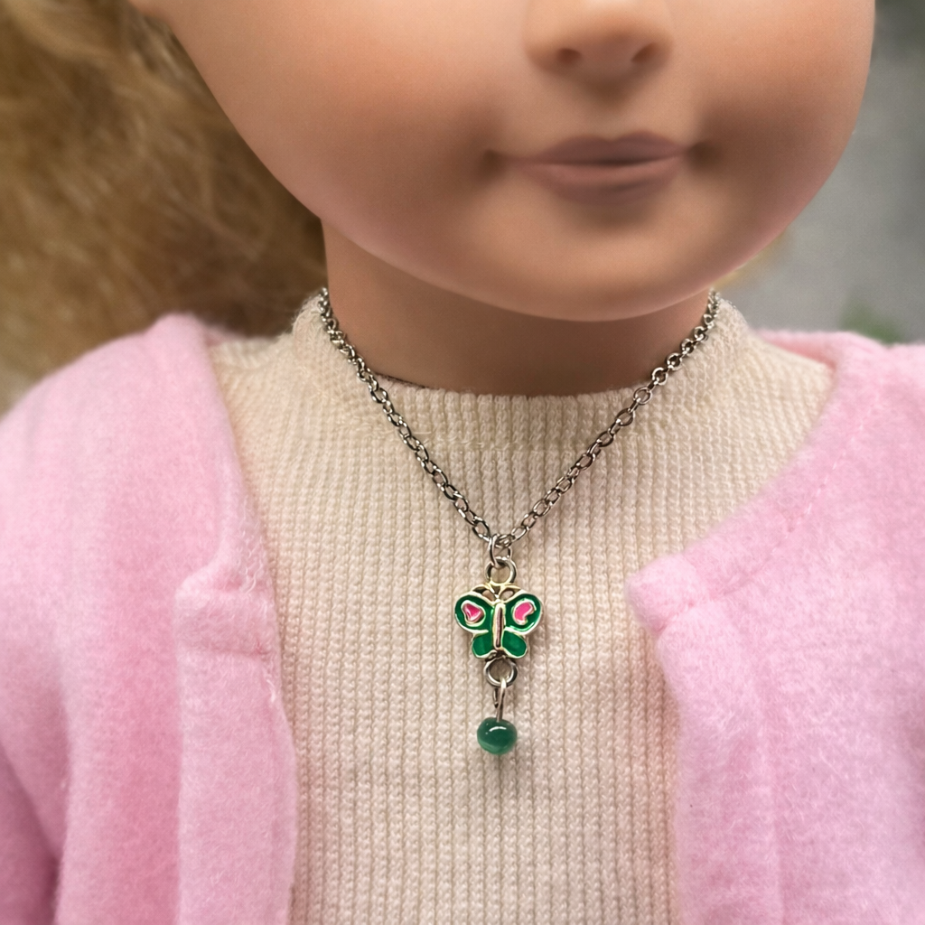 Green Pink Butterfly Charm Silver Chain Doll Necklace • 18 Inch Fashion Doll Jewelry