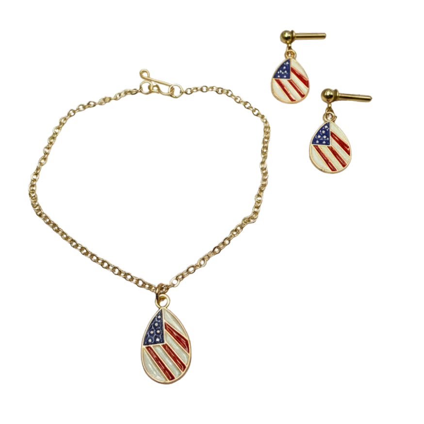 Red White Blue Patriotic Flag Design Teardrop Charm Doll Necklace & 2mm Post Earrings for 18 Inch Fashion Doll