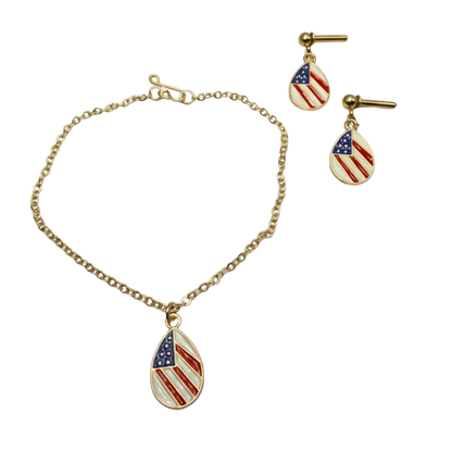 Red White Blue Patriotic Flag Design Teardrop Charm Doll Necklace & 2mm Post Earrings for 18 Inch Fashion Doll