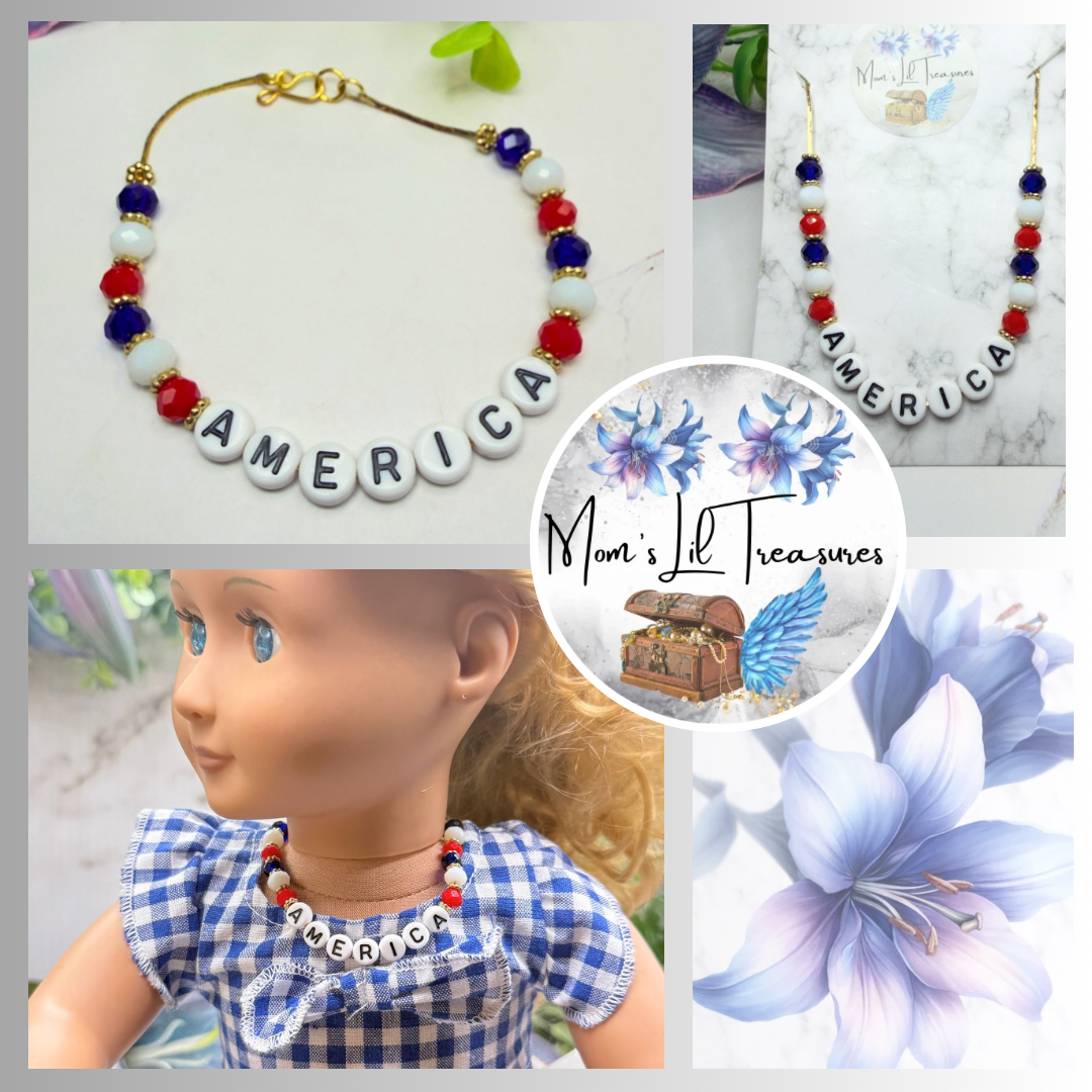 America Red White Blue Beaded Charm Doll Necklace for 18 Inch Fashion Doll