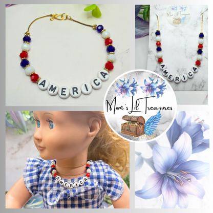 America Red White Blue Beaded Charm Doll Necklace for 18 Inch Fashion Doll
