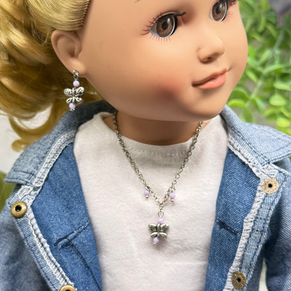 Silver Butterfly Light Purple Bead Accent Charm Doll Necklace & Earrings • 18 Inch Fashion Doll Jewelry