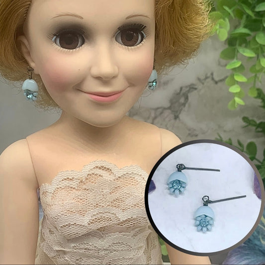 Light Blue Glass Rhinestone Flower Dangle Doll Earrings for 18-22” Vintage Doll