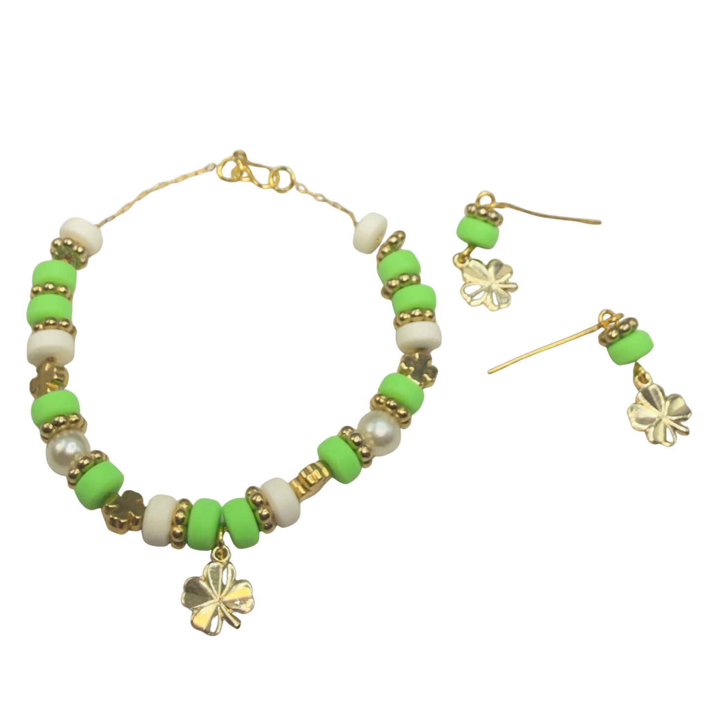 Green White Beaded Gold Four-Leaf Clover Charms Doll Necklace & Earrings • 18 Inch Fashion Doll Jewelry