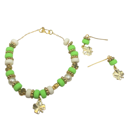 Green White Beaded Gold Four-Leaf Clover Charms Doll Necklace & Earrings • 18 Inch Fashion Doll Jewelry