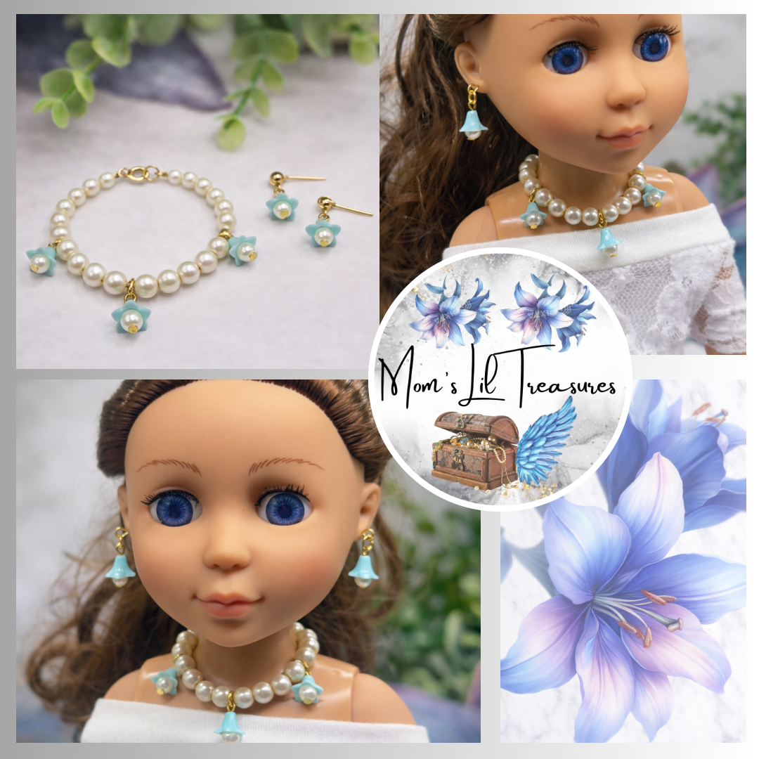 Turquoise Blue Bell Flower Dangle Pearl Beaded Doll Necklace & Earrings • 14 Inch Fashion Doll Jewelry