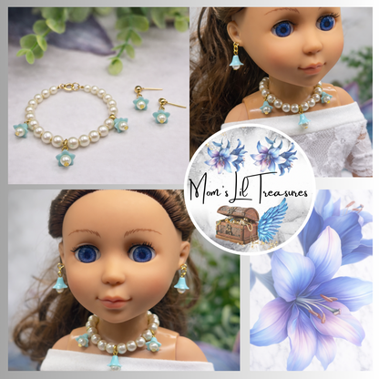 Turquoise Blue Bell Flower Dangle Pearl Beaded Doll Necklace & Earrings • 14 Inch Fashion Doll Jewelry