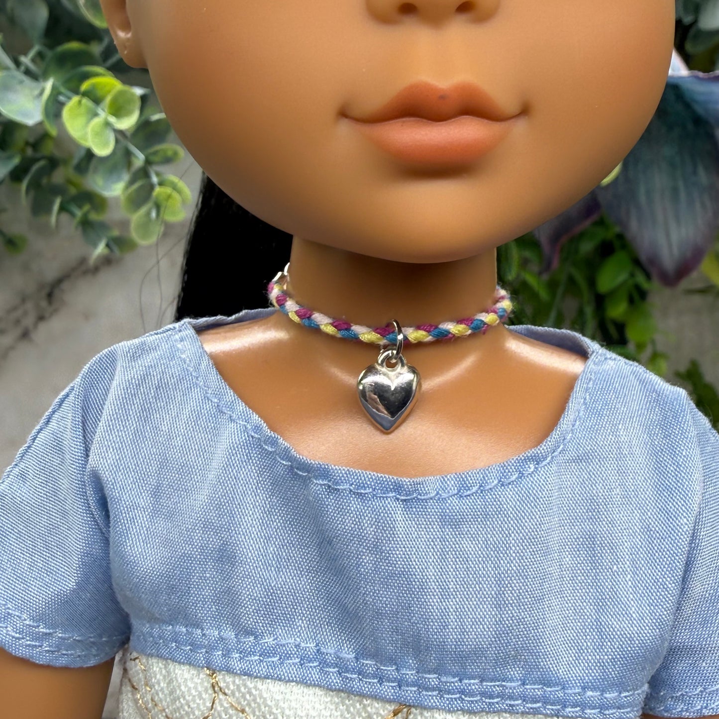 Braided Purple Blue Yellow Fabric Doll Necklace Silver Heart Charm • 14 Inch Fashion Doll Jewelry