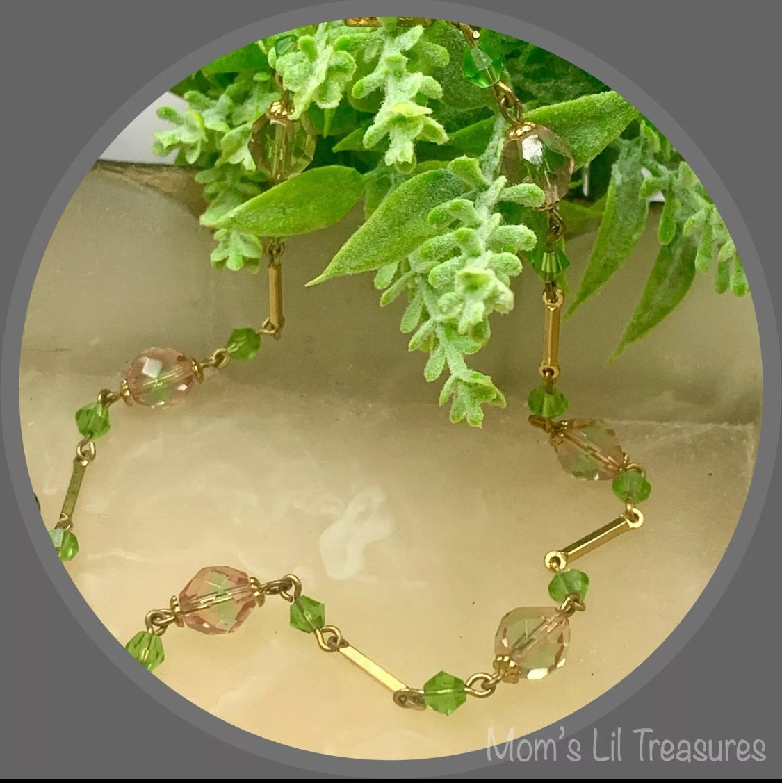 Handmade Pink Green Translucent Glass Crystal Beaded Necklace Earrings Set