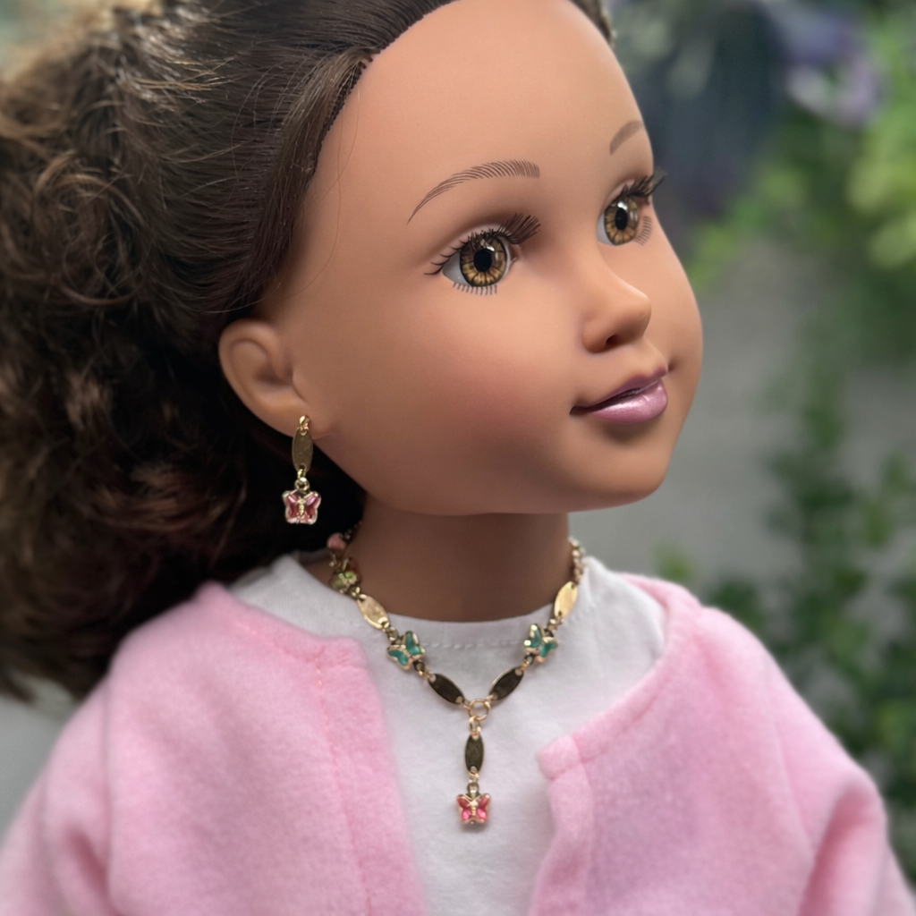 Multi Color Acrylic Crystal Butterfly Charm Gold Oval Link Doll Necklace & Earrings Set for 18 Inch Fashion Dolls