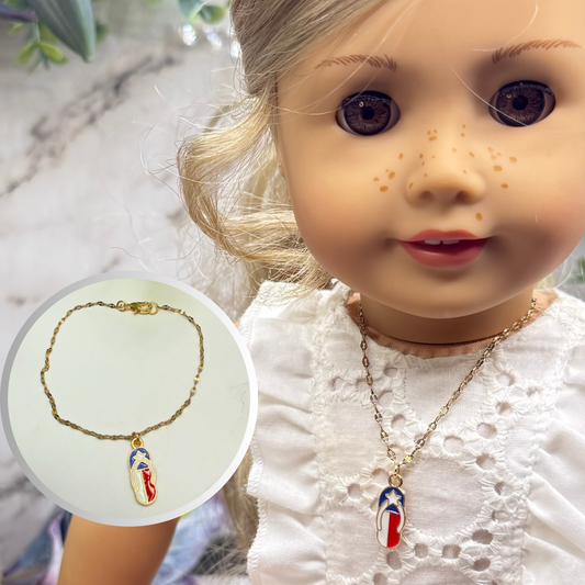 Red White Blue Flag Patriotic Flip Flop Sandal Charm Doll Necklace for 18 Inch Fashion Doll