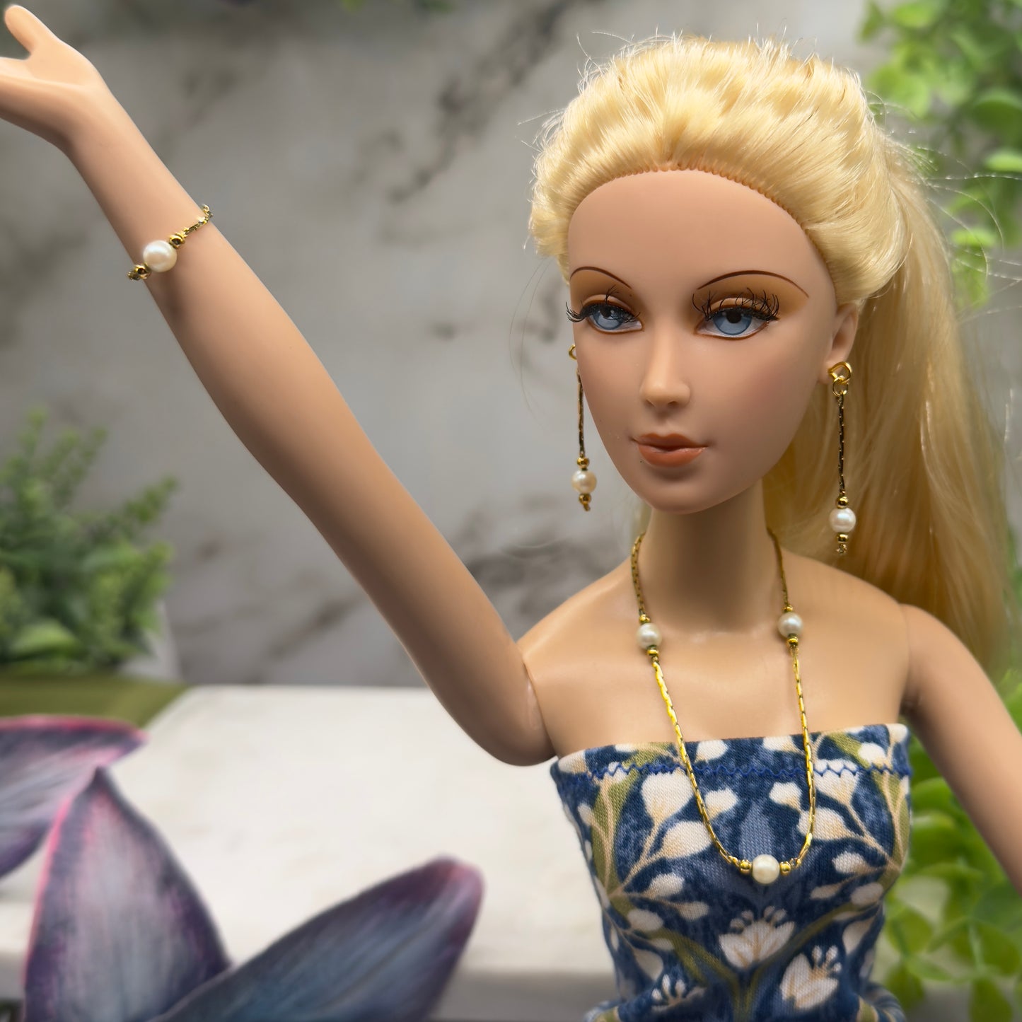 Pearl Gold Serpentine Chain Doll Necklace Earring Bracelet Set • 16 Inch Fashion Doll Jewelry